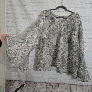 Vtg Y2k Studio C Sz 24 Sheer Bell Sleeve PatchWork Peasant Blouse Boho Cottage